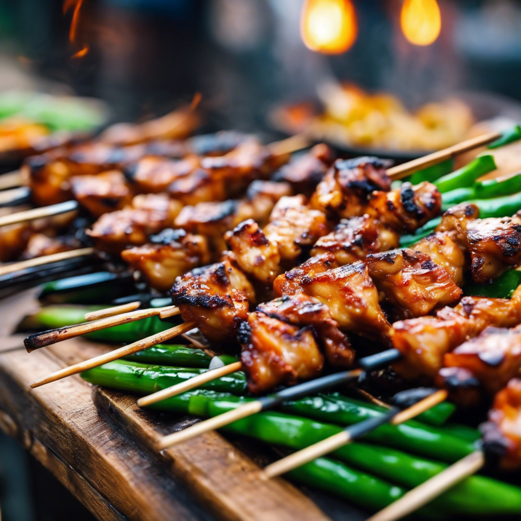 Sydkoreansk gademad med grillede kyllingespyd